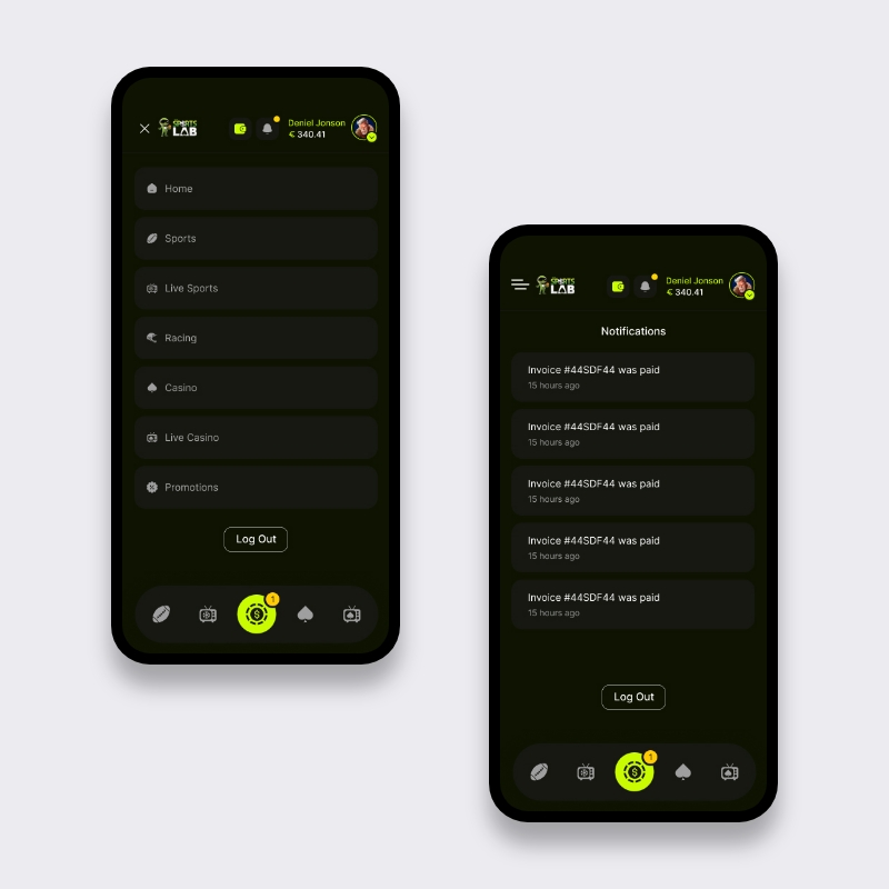 Mobiele sportsbook navigatiemenu en notificatieoverzicht in donker thema