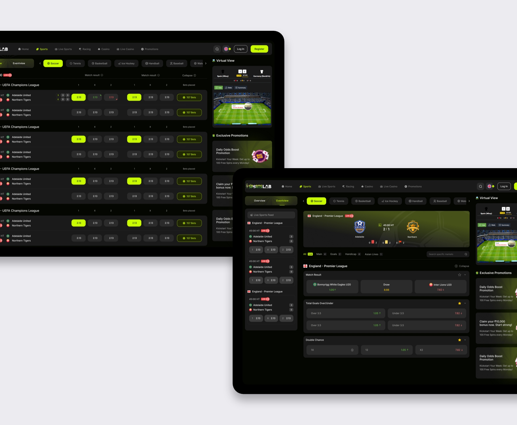 Desktop sportsbook eventview met virtual view, live scores en marktweergave op twee resoluties
