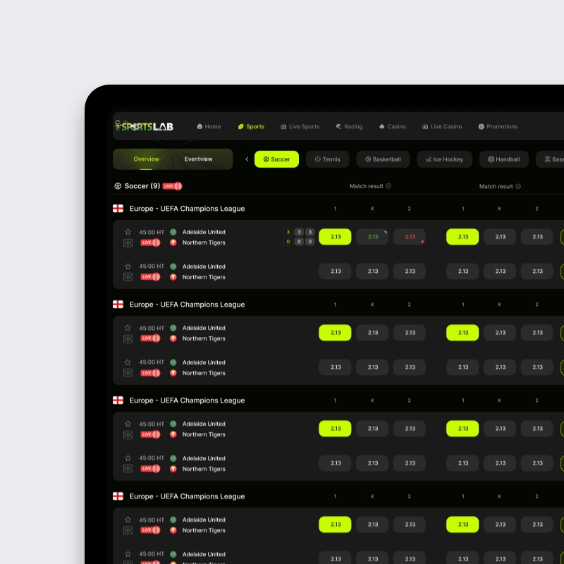 Sportsbook UI design desktop lijstweergave met live odds-pills en Champions League wedstrijden