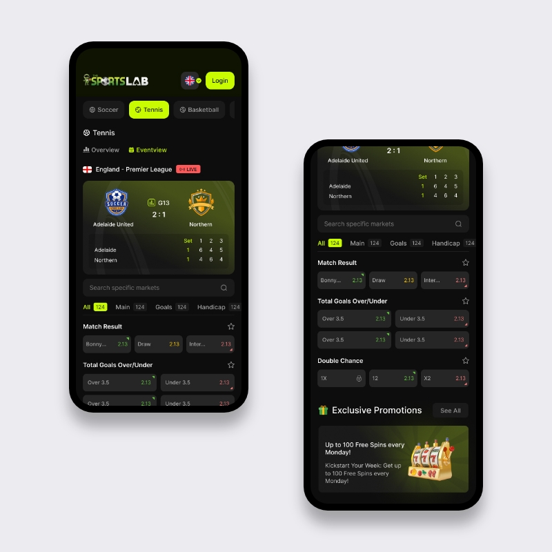Mobiele sportsbook live tennis met scorekaart, marktfilters en promotieblok onderaan