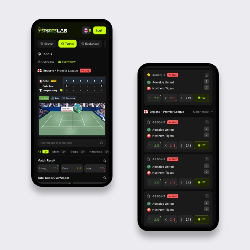 Mobiele sportsbook UI met live tennis virtual view, setscores en marktlijst naast live eventoverzicht