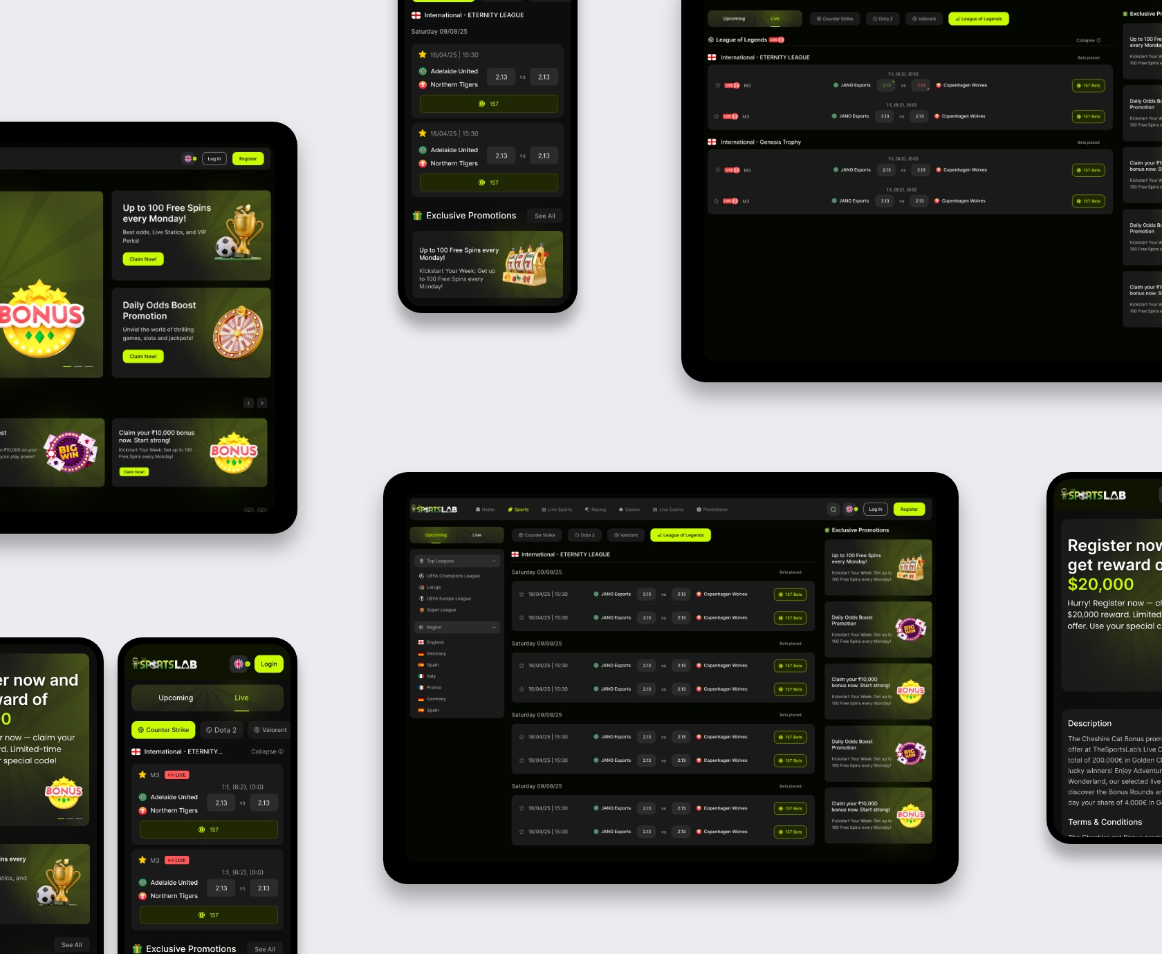 Esports sportsbook UI design: League of Legends en Counter Strike live odds op desktop en mobiel met promotiekolom