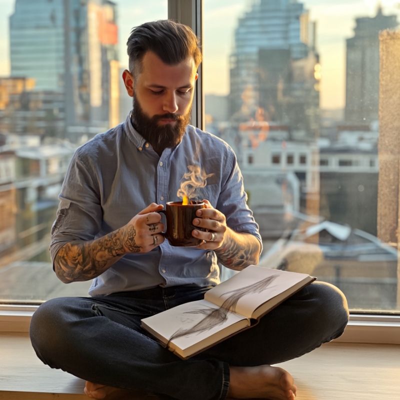 Studio Ubique lead developer leest sketchbook bij raam, ontwerper achter Neon Slate sportsbook project