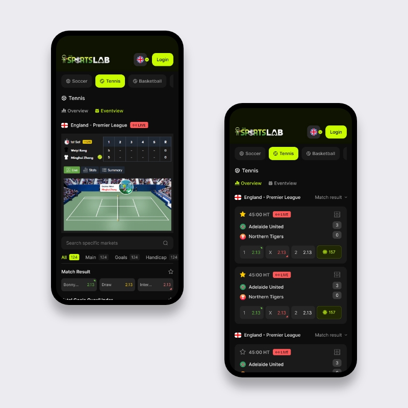 Mobiele sportsbook UI design met live tennis eventview en in-play batting UX op twee schermen