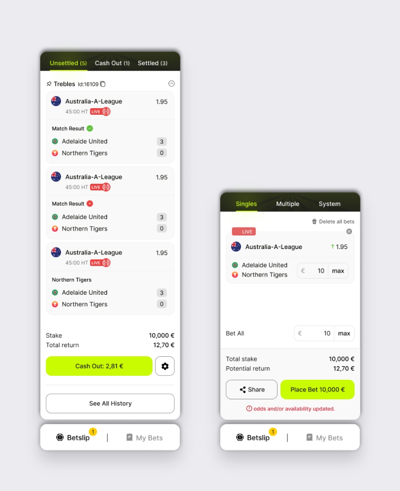 Betslip UX mobiel: openstaande inzetten, cash-out en inzetbevestiging in Neon Slate sportsbook design