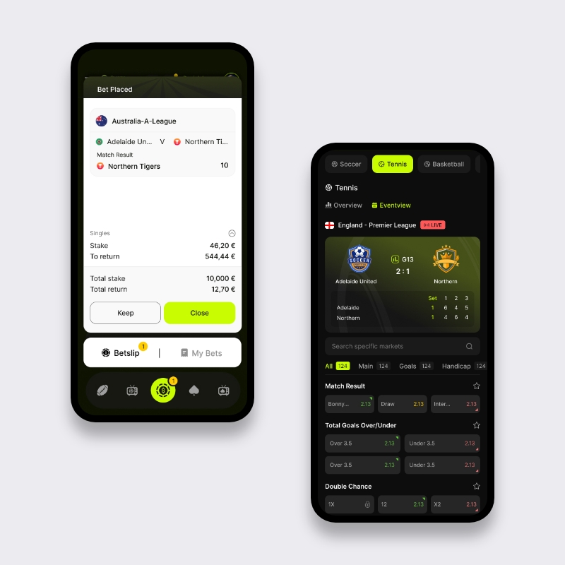 Mobiele sportsbook UI met wedplaatsingsbevestiging en live tennis marktweergave