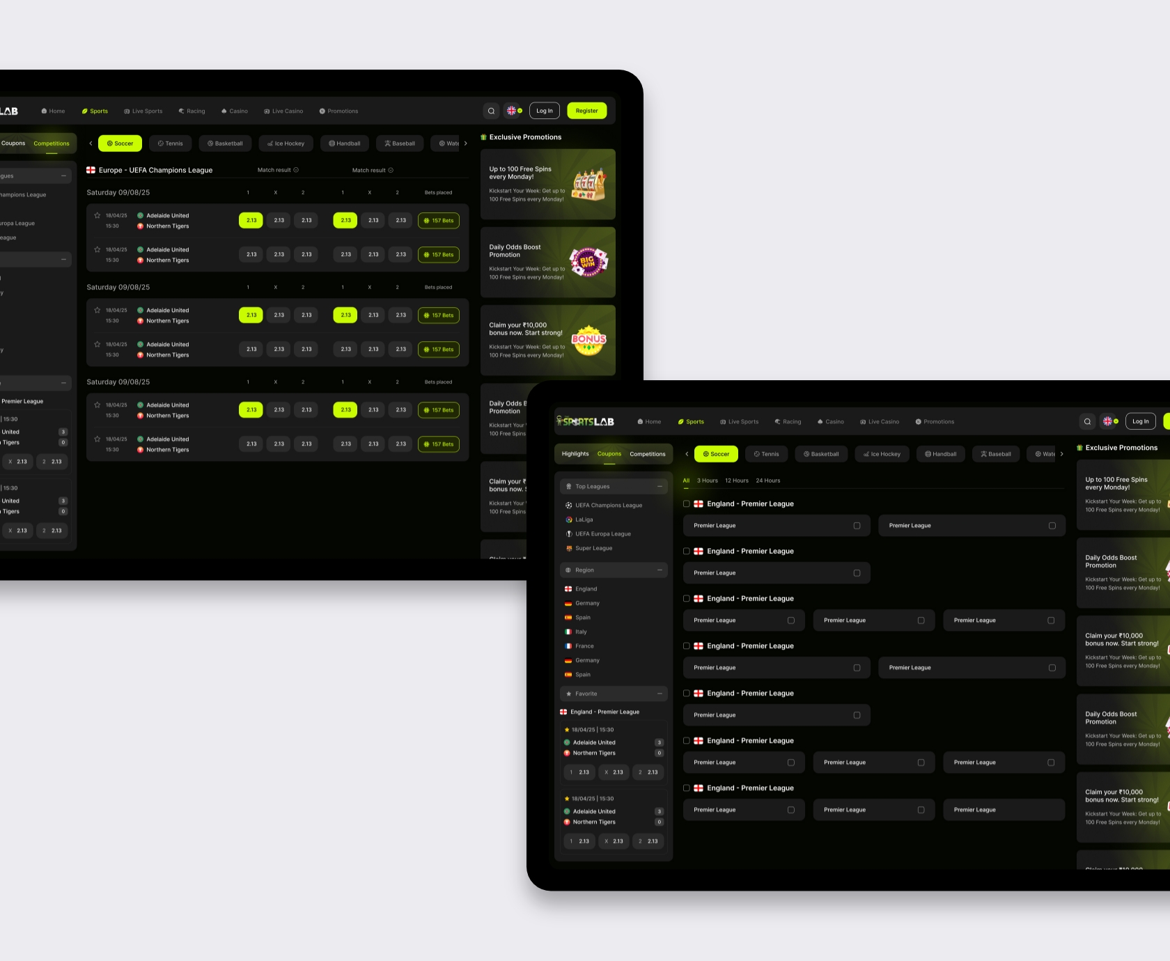 Desktop sportsbook UI design met coupons, competitiefilters en live odds naast promotiekolom