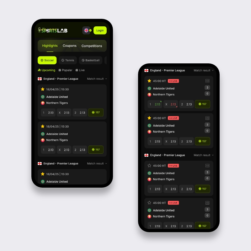 Mobiele sportsbook highlights en live eventlijst met odds-pills en favorietenmarkeringen