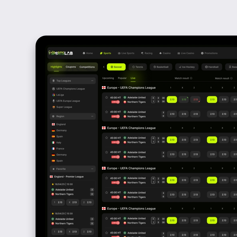 Desktop sportsbook UI met leaguefilterpaneel, live wedstrijden en odds-kolommen