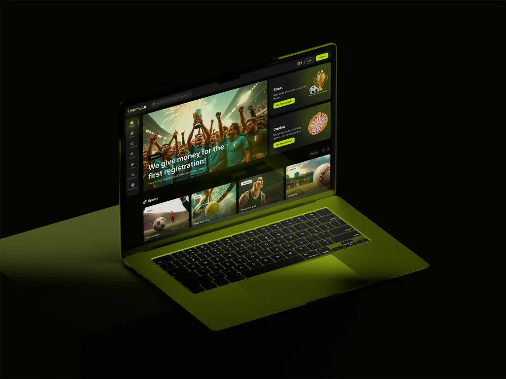 Neon Slate sportsbook UI design op laptop mockup: homepage met hero, sportcategorieën en casinonavigatie