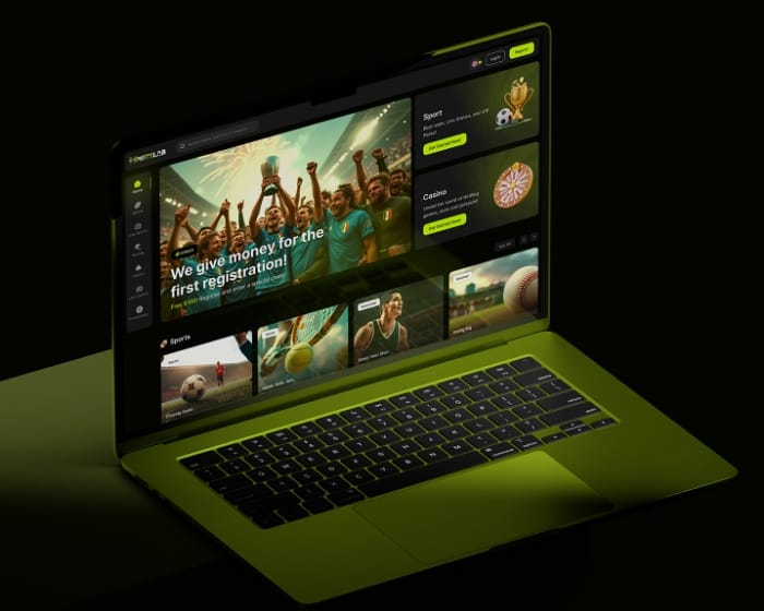 Laptop showing Neon Slate sportsbook UI design, desktop homepage and promos, part of our sportsbook front end.