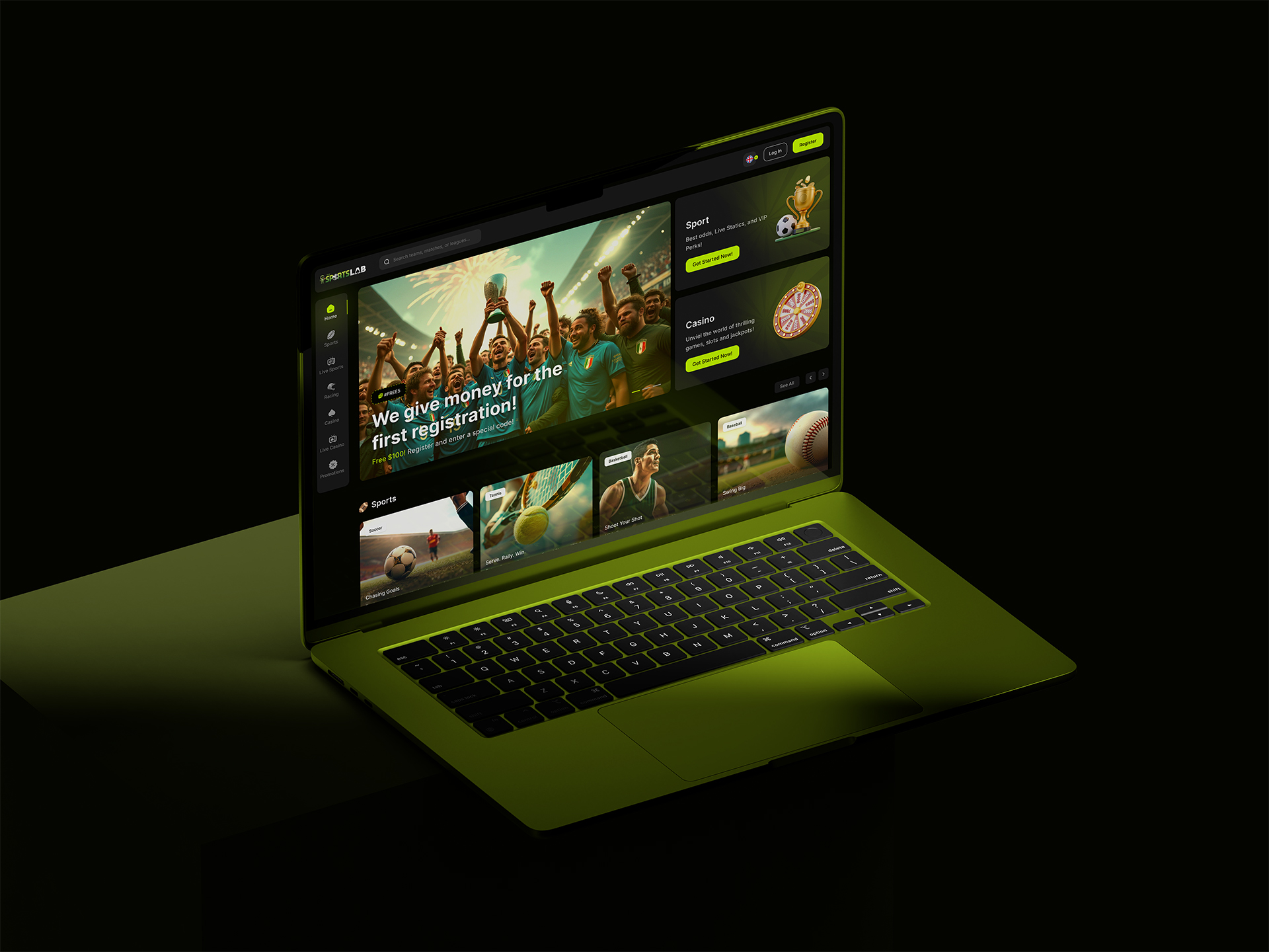 Neon Slate sportsbook UI design op laptop mockup: homepage met hero, sportcategorieën en casinonavigatie