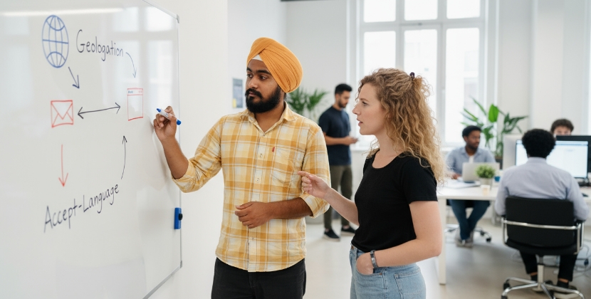 man tekent Accept-Language en geolocatie flow uit voor meertalige website