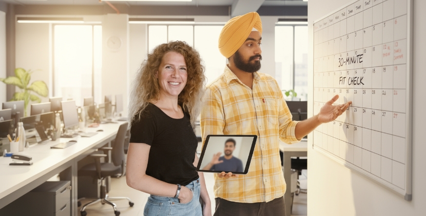 man en vrouw plannen 30-minuten fit check voor meertalige website project