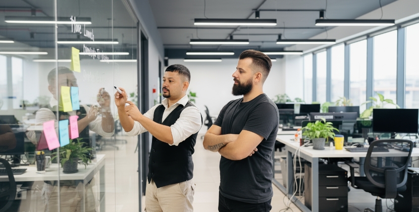 Twee mannen plannen webshop lancering op glazen wand met sticky notes