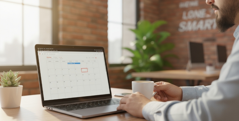 Man plant webshop lanceerdatum in kalender op laptop met koffie