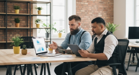 Twee mannen analyseren webshop data en statistieken op laptop en tablet