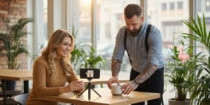 Team creating social media content in a casual workspace