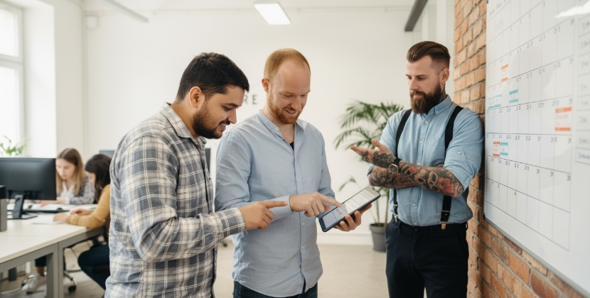 team bespreekt typografie webdesign implementatie op tablet en planningsbord