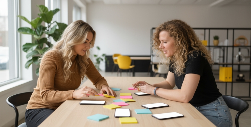 twee vrouwen plannen voice user interface intents met sticky notes en smartphones