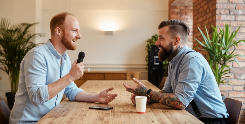 twee mannen testen spraakbediening mobiele app met microfoon