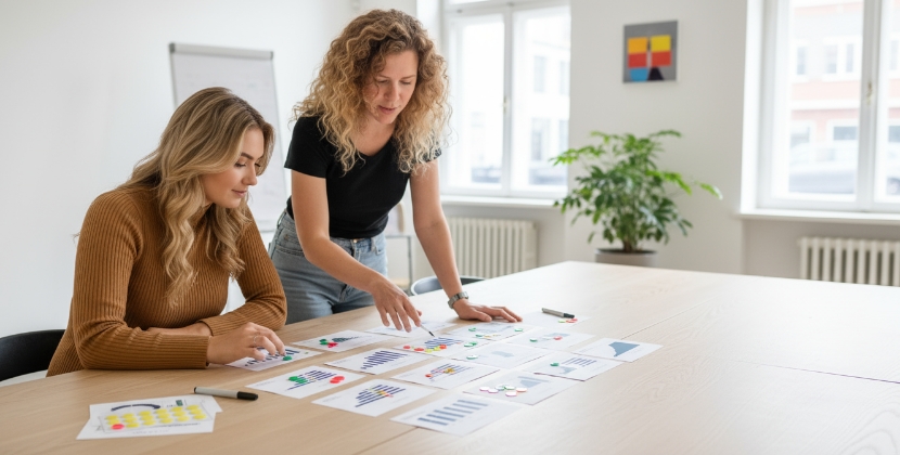 vrouwen reviewen voice user interface analytics en intent-metrics op papier