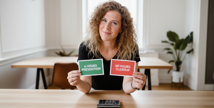 vrouw vergelijkt kosten van websitebeveiliging versus opruimen na aanval