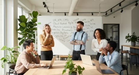 Team trying to explain why we use buzzwords while surrounded by confusing tech terms.