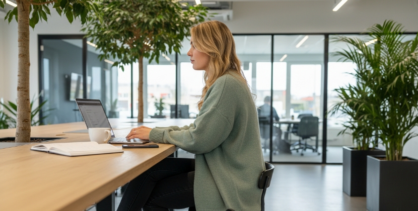 Collega schrijft content aan laptop in modern kantoor, woorden kiezen is het werk