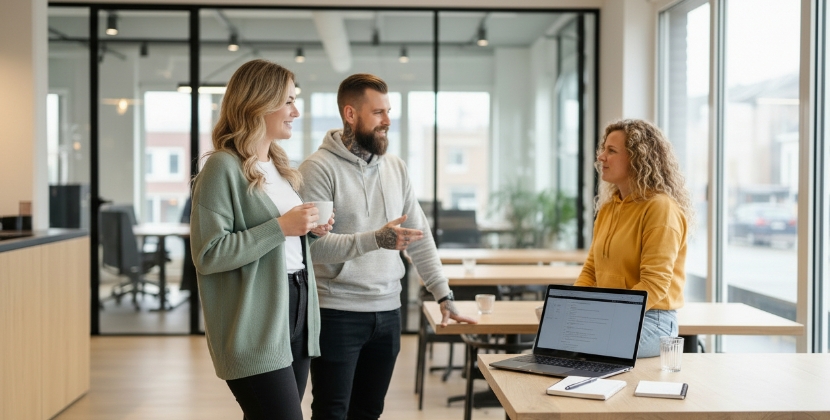 Drie collega's in gesprek over hoe je vaktaal uitlegt zonder buzzwords te vermijden