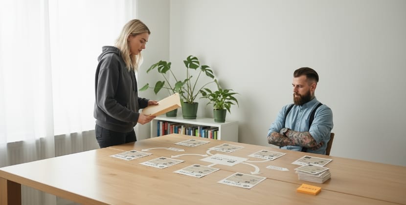 Two colleagues mapping out a website migration process with flowcharts and documents