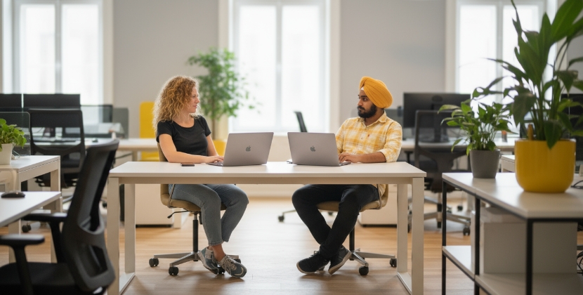 man en vrouw bespreken API beveiliging strategie tegenover elkaar