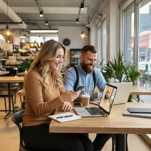 Pricing and rates, team call at café table, reviewing web design pricing for a new brief.