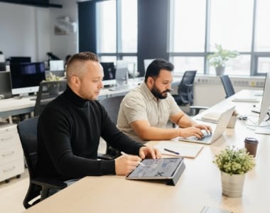 Pricing and rates, two designers at desk, discussing website development cost for wireframes.