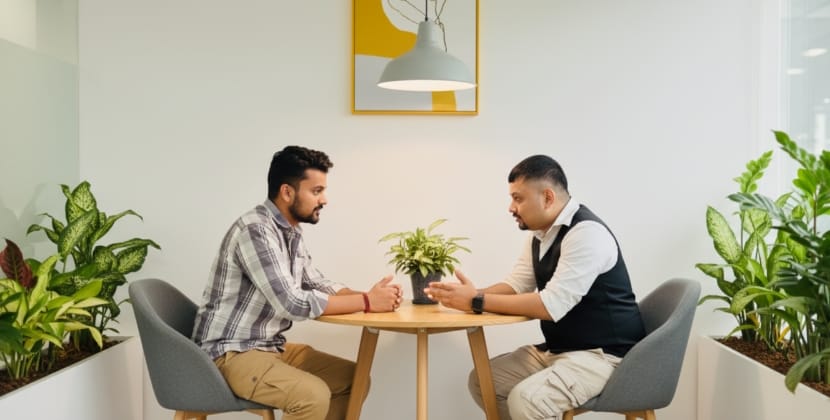 Two colleagues aligning project roles during an online reputation management services rollout.
