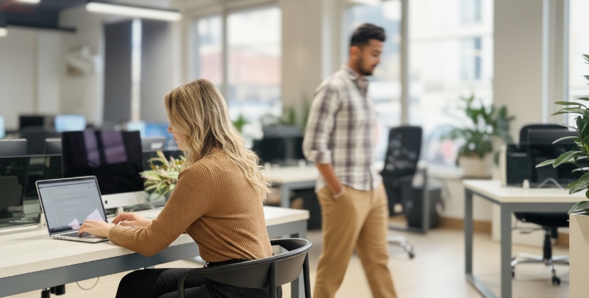 Medewerker werkt aan laptop terwijl developer door kantoor loopt