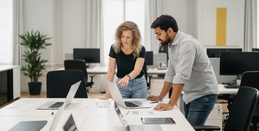 vrouw en man reviewen fintech backend development aanpak op laptop