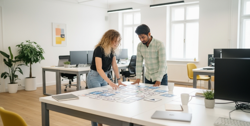 developers plannen veilige backend fintech startup met wireframes op tafel