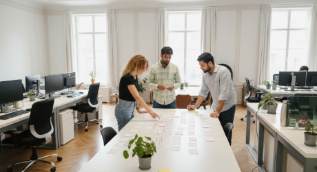 team bespreekt fintech backend development architectuur op kantoor