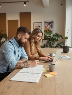 colleagues finalize scope on paper, defining website development cost.