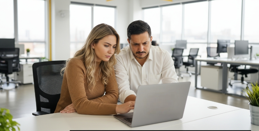 man en vrouw controleren website migratie SEO checklist op laptop