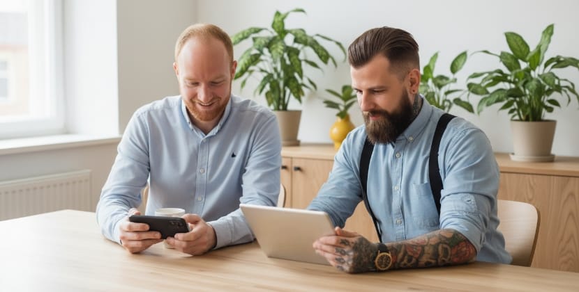 Two colleagues using a technical SEO audit checklist to test mobile UX in a modern office