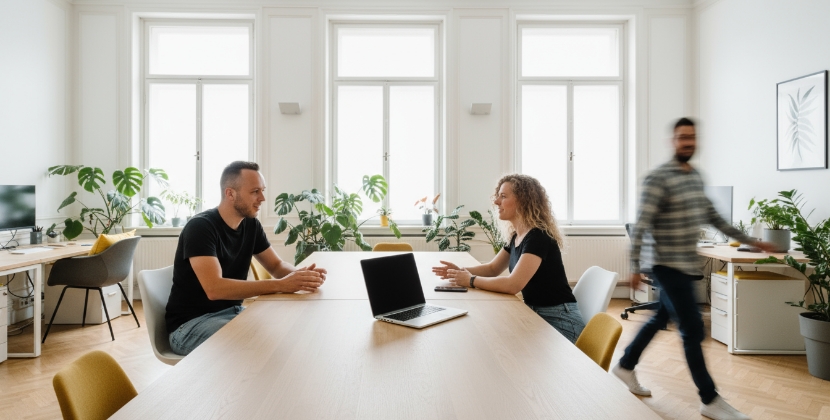 team bespreekt UX design voor SaaS platform onboarding in licht kantoor
