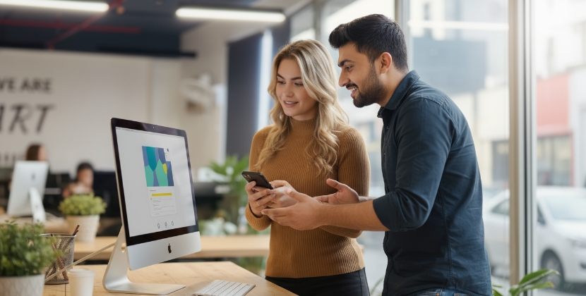 Twee collega's bespreken hoe je van WooCommerce naar Shopify migreert op iMac en smartphone