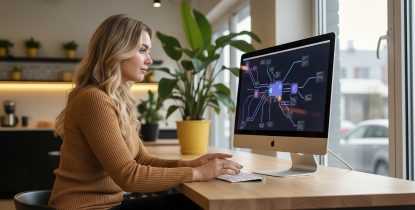 Vrouw plant webshop migratie van WooCommerce naar Shopify met mindmap op iMac