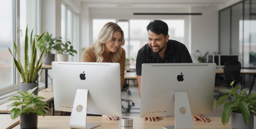 Team controleert Shopify setup tijdens webshop migratie op twee iMacs
