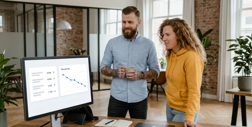 Team bekijkt resultaatmetrics van AI-feature op dashboard, tijd per taak daalt