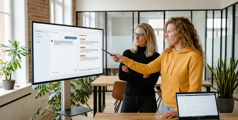 Team bekijkt AI-output met bronverwijzingen en vertrouwensindicator op laptop
