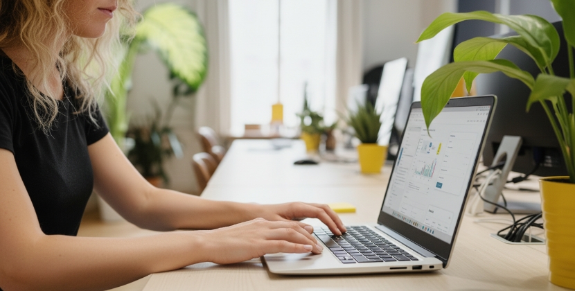 Vrouw analyseert app design retentiedata op laptop in licht kantoor
