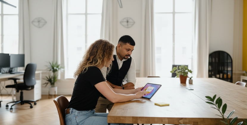 Twee collega's bespreken mobiele app UX en gebruikersretentie op tablet